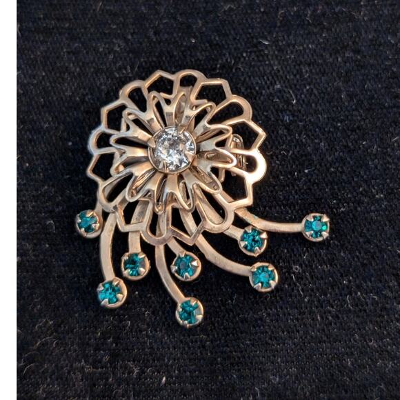Vtg Gold Tone Blue/Clear Rhinestone Art Deco 1950s Flower Spray Brooch/Pendant - Picture 5 of 5